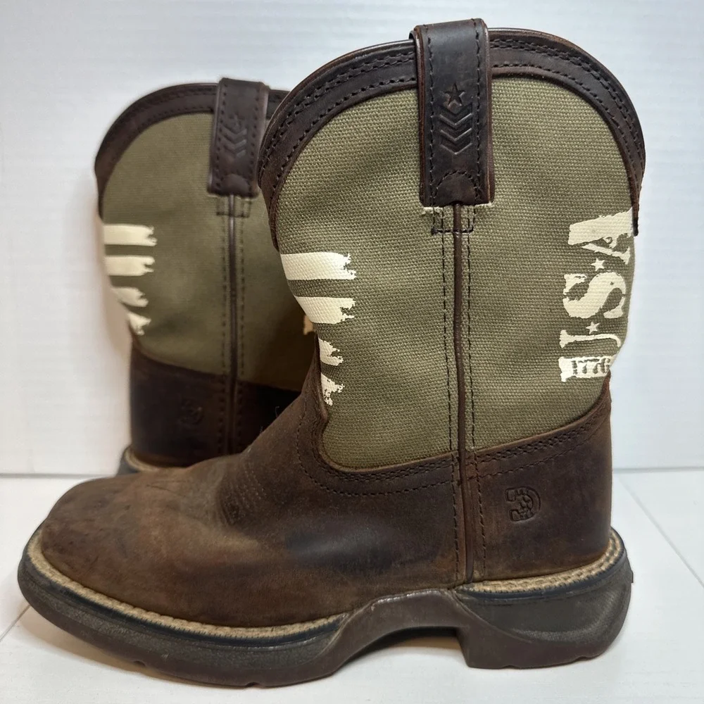 Durango Western Cowboy Boots Boys Size 12 M Brown Army Green USA Pull On